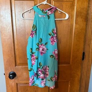 Aqua Floral Halter Tank with Pink Rose Print